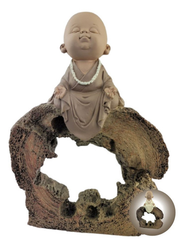 Escultura Menino Monge Meditando No Tronco Em Resina 24 Cm