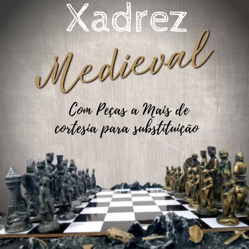 Jogo De Xadrez Medieval Tabuleiro E Peças Em Resina Completo