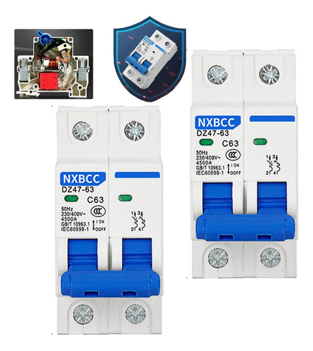 2pc Interruptor Termomagnetico Ac Riel Din 2 Polos 120/220 V