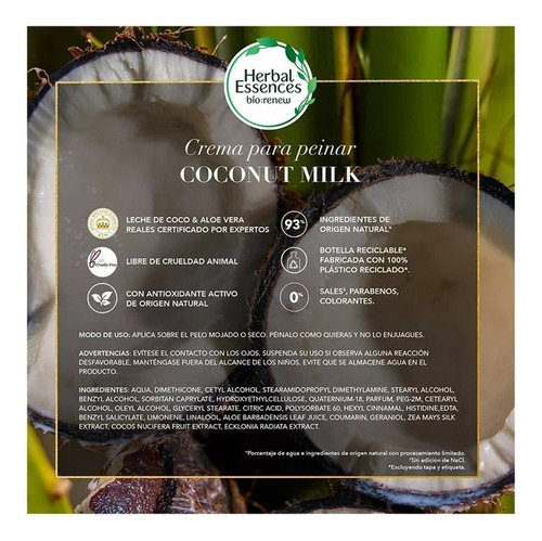 Crema Para Peinar Herbal Esssences Leche De Coco Y Aloe