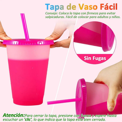 Vasos Magicos Reutilizable Con Tapa Y Popote Cambia-color C