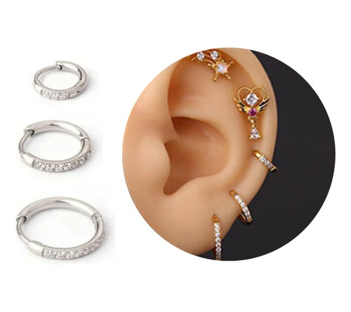 Aro Piercing Oreja Argolla Clicker Arracada Cristales Plata