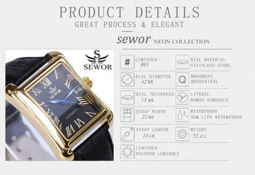 Reloj Mecánico Automático Rectangular Sewor