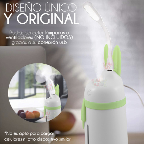 Humidificador Difusor De Aromas Diseño De Conejo Con Bufanda Con Luz Led Slim Company Para Aromaterapia, Sesiones De Relajación, Purificación Del Aire Color Blanco Con Verde