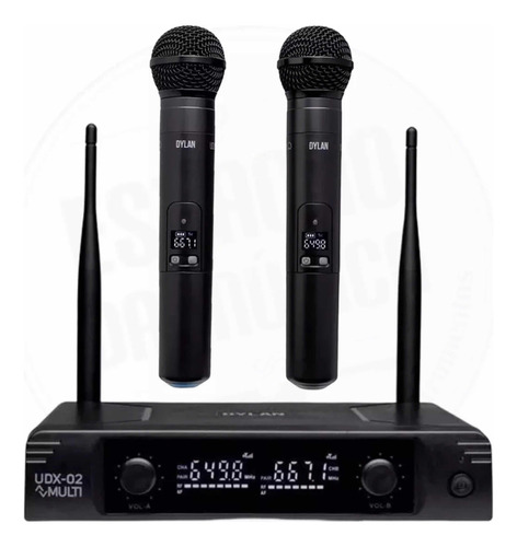 Microfone Sem Fio Duplo Dylan Udx-02 Multi Uhf 30 Canais Cor Preto