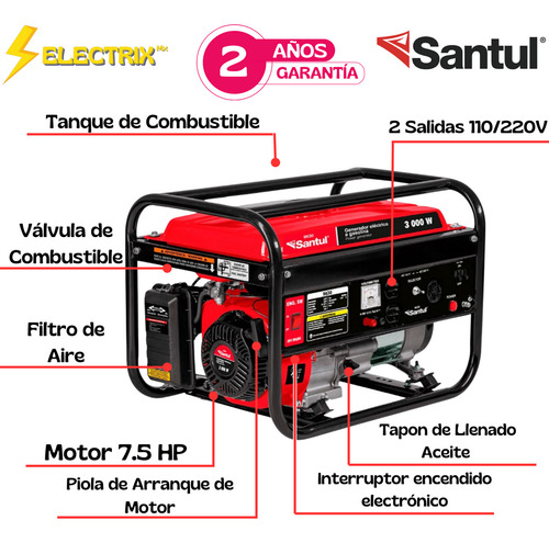 Generador Portatil De Luz Eléctrica 3000 W A Gasolina Con Motor 7.5 HP 110V/220V Santul 9630