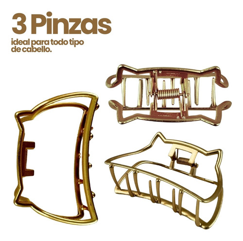 3 Pinzas Para Todo Tipo Cabello Orejas Gatito Moda Dama Niña Dorado