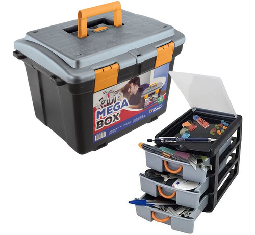 Conjunto Caixa Organizadora Mega Box 2040 + Organizador 7080 Cor Preto