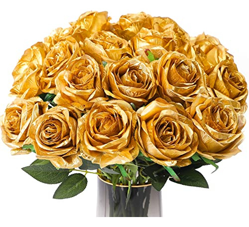 10 Flores Artificiales Rosas Doradas 50.8cm