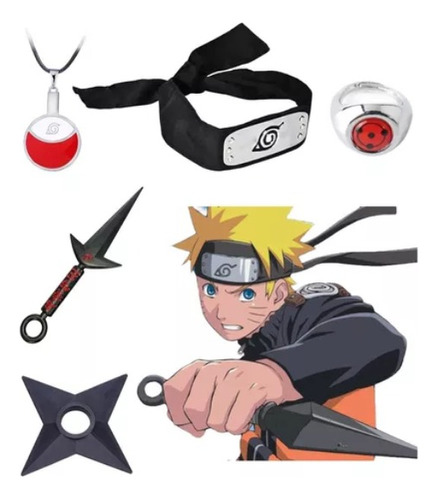 Set Naruto Cosplay Anillo Collar Banda Shuriken Kunai 5 Pcs