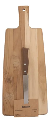 Kit Tábua Teca Fsc Com Faca Para Pão Em Madeira Tramontina Liso Madeira