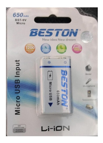 Beston Bateria 9v Recargable 650 Mah Litio Recarga Usb Nuevo