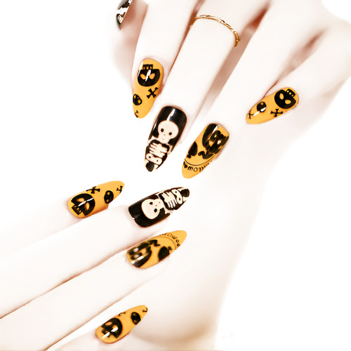 Uñas Postizas Calaca Calabaza Día De Muertos Halloween Negra