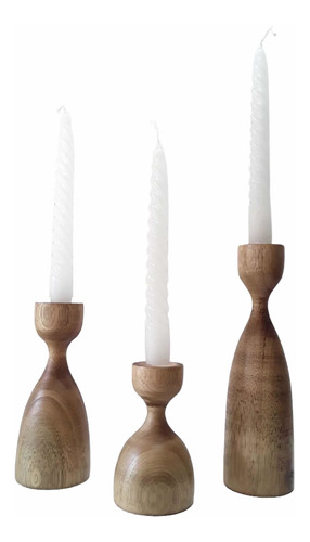 Set X 3 Candelabros De Madera Patinados Y Lustrados