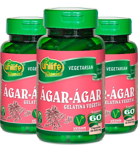 Ágar-ágar Gelatina Vegetal 60 Cápsulas De 600mg Kit Com 3 Sabor Natural