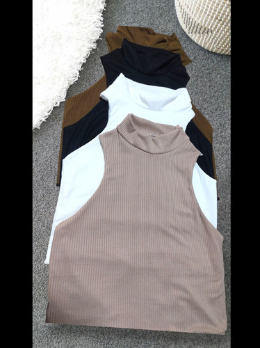 Top Crop Mujer Blanco, Negro Y Camel Cuello Alto Casual Vera