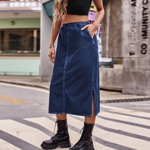 Falda Midi De Mezclilla Con Cintura Elástica Para Mujer, Est