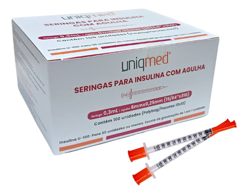 Seringa Para Insulina 0,3ml 6 X 0,25mm Cx C/ 100 - Uniqmed