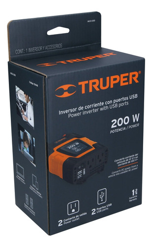 Inversor De Corriente De 200 W Con Puertos Usb, Truper 10448