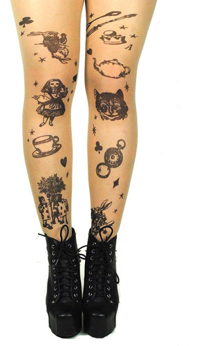 Meia Calça Tattoo Estampada Alice No País Das Maravilhas 