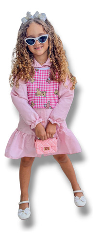 Vestido Chemise Infantil Com Colete Rosa De Ursinho Luxo 