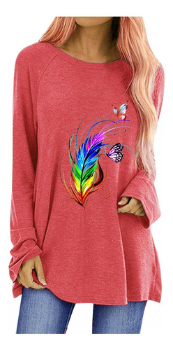 Camisa Mujer Cuello Redondo Pullover Tops Para Casual Pluma