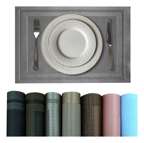 6 Jogo Americano Mesa Posta Luxo Impermeável Pvc Mz Mold Vr Cor M5 Prata Claro Escuro Cinza Grafite Preto Moldura Mz Retangular