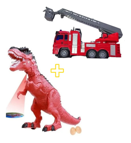 Dinosaurio Camina Ruge Huevos + Camion Bomberos A Control
