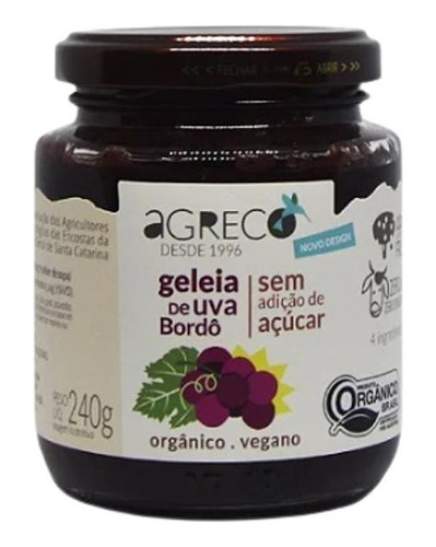 Kit 2x: Geleia De Uva Orgânica Sem Adição Açúcar Agreco 240g