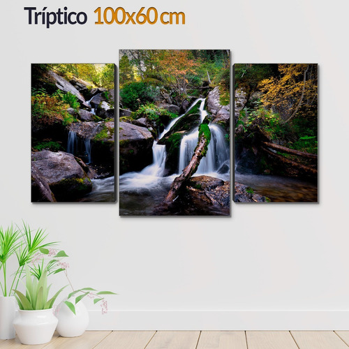 Cuadro Decorativo Moderno Bosque Cascadas Jd-0454 G Tríptico 100x60 Cm Sin Marco
