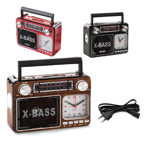 Rádio Am Fm Usb Retro Relógio Pilha Tomada Recarregável Cor Vermelho