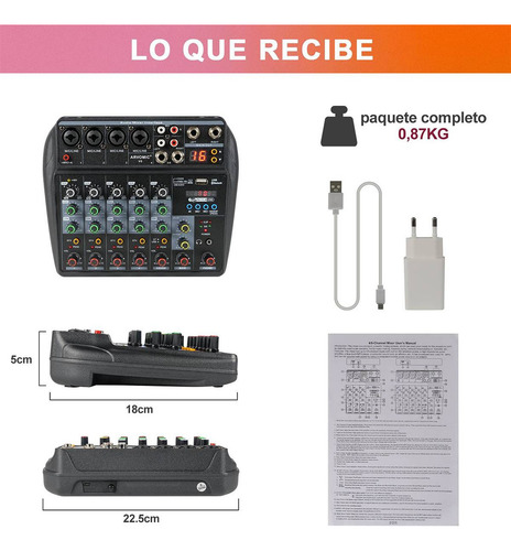 Mezclador 6 canales 16 Dsp Mezcladora de Sonido con 4 Entradas Mono Consola USB y Bluetooth Mixer Audio Alimentación Phantom de +48V Livehouse Karaoke