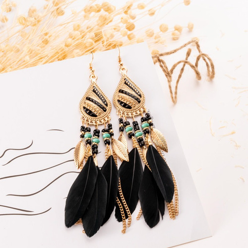 Pendientes Aro De Plumas Bohemio Vintage Borla De Hoja Larga