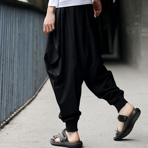 Tr Pantalón Harem Holgado Liso Algodón Y Lino Para Hombre