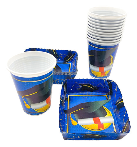 Kit 12 Vasos 12 Platos Decorativos  Grado Azul Birrete