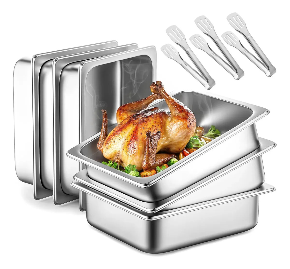 Kit 6 Cuba Gastronomica Inox 1/2x100mm Aço Inox Com 3 Pegadores