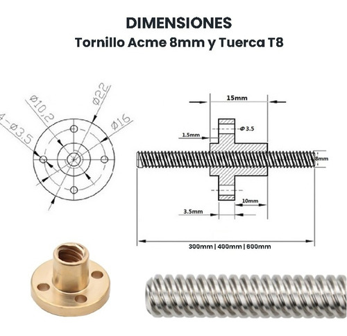 Tornillo Acme De Avance 8mm Con Tuerca T8 50cm Varilla Rosca