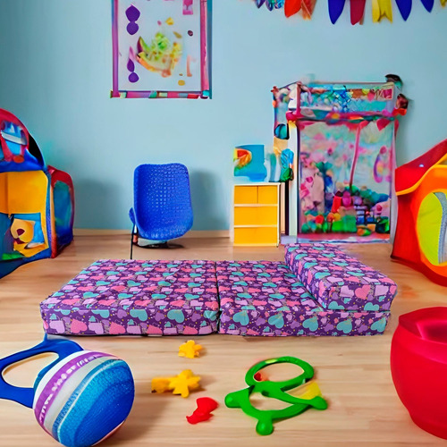 Sofá Cama Infantil Plegable, Colchoneta Con Soporte Firmé Color Rosa Corazones