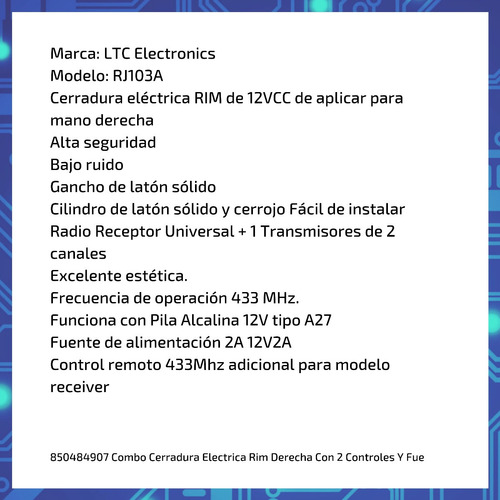 Imagen 6 de 10 de Combo Cerradura Electrica Rim Derecha Con 2 Controles Y Fue