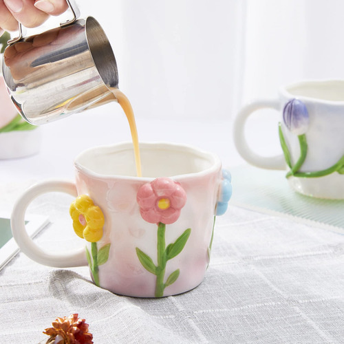 * Taza De Café De Flores 3d Con Tulipán Rosa, Taza De