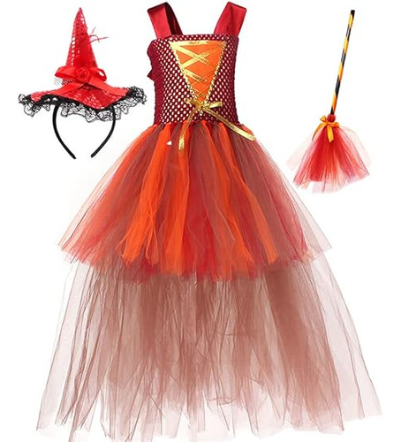 Disfraz Bruja Halloween Para Niñas Vestido Tul Con Accesorio