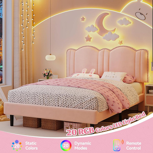 Bed Frame C/ Luces Led Enhomee Matrimonial Rosa
