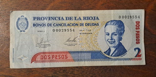 Bono Provincia De La Rioja 2 Pesos Evita Año 2001. Mb (Usado)