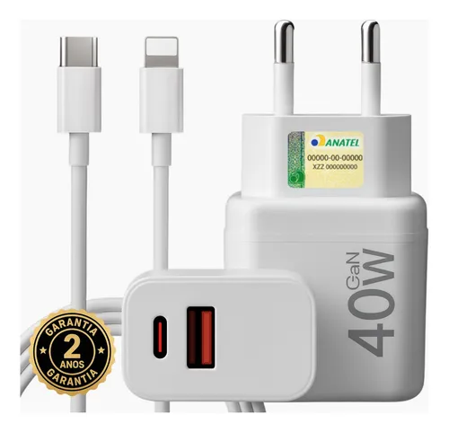 Carregador Turbo 40w Compativel Com iPhone 8 X Xr 11 12 13 14 Pro Max Usb Tipo C Duplo Branco