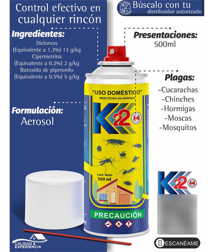 Insectida Cucarachas, Arañas, Chinches, K-22 2 Pzas 500 Ml