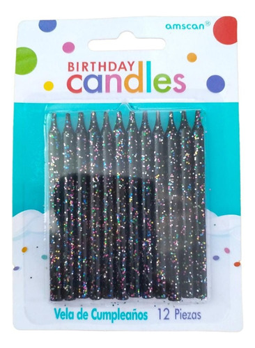 Velas De Cumpleaños Con Glitters C/12 Piezas Color Negro