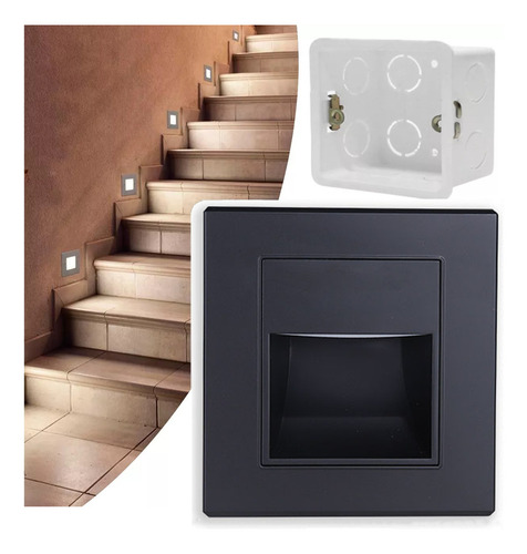 Lampara Led Escalera Pared Cortesía Empotrable Foco 1.5w Color negro +luz Cálida