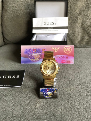 Relogio Guess W0774l5 Dourado Strass Original Completo Caixa