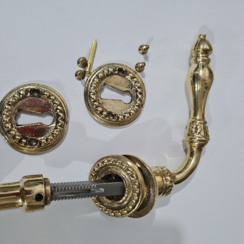Picaporte Y Pomo Dorado Brillante En Bronce Macizo Artesanal