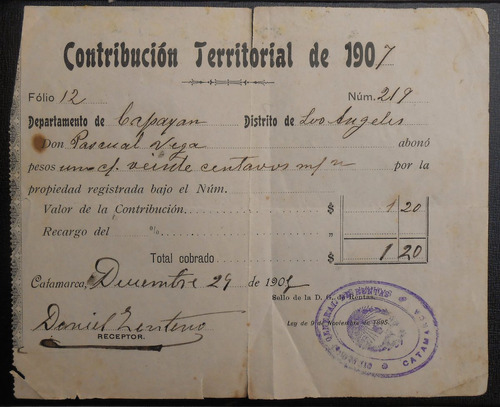 Catamarca,año1907. Contribución Territorial. Impuesto